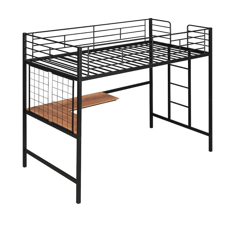 Lit mezzanine simple en métal noir avec bureau, échelle et grille métallique pour enfants