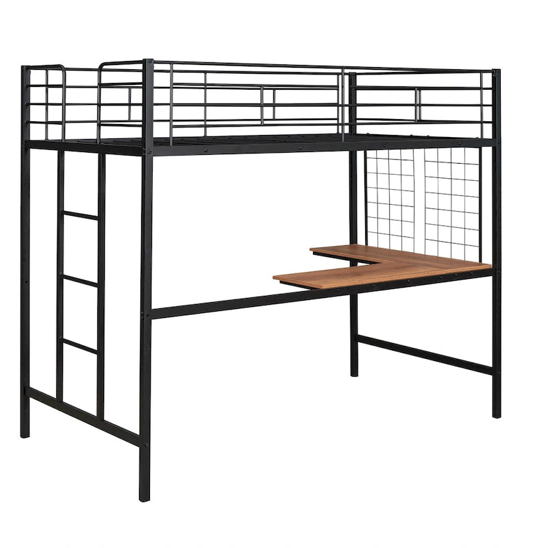 Lit mezzanine simple en métal noir avec bureau, échelle et grille métallique pour enfants