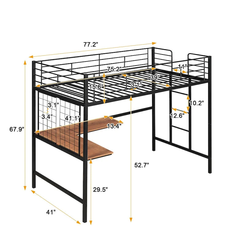 Lit mezzanine simple en métal noir avec bureau, échelle et grille métallique pour enfants