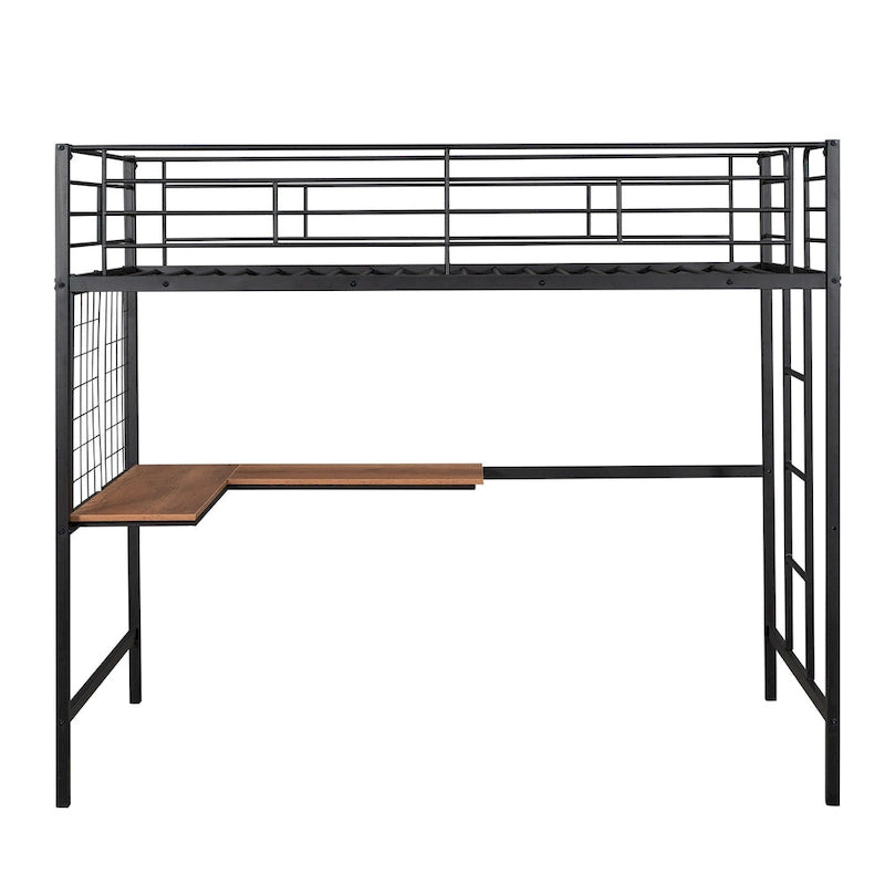 Lit mezzanine simple en métal noir avec bureau, échelle et grille métallique pour enfants
