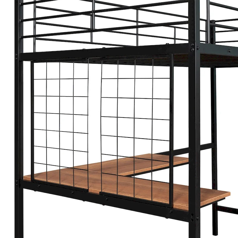 Lit mezzanine simple en métal noir avec bureau, échelle et grille métallique pour enfants