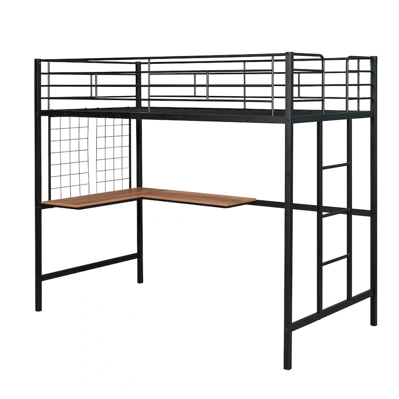 Lit mezzanine simple en métal noir avec bureau, échelle et grille métallique pour enfants