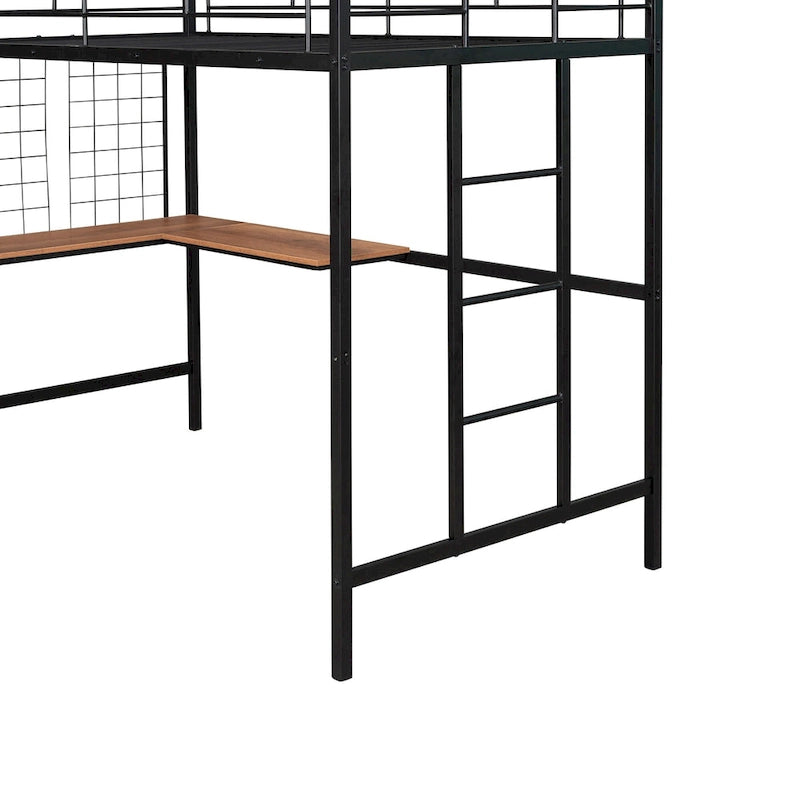 Lit mezzanine simple en métal noir avec bureau, échelle et grille métallique pour enfants