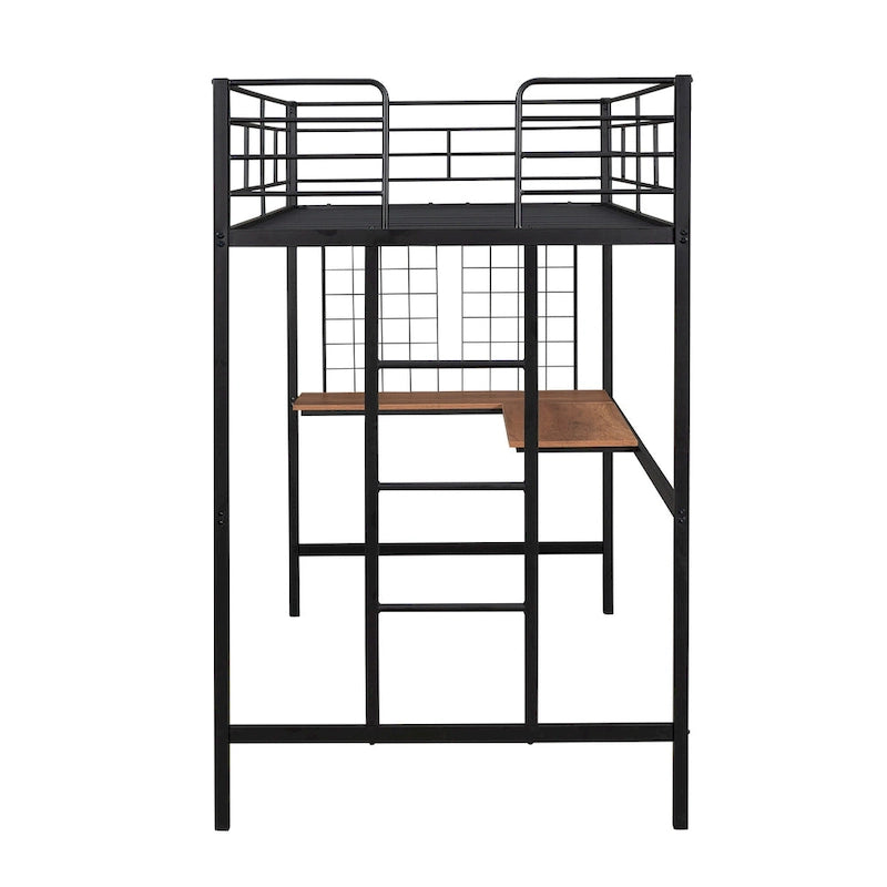 Lit mezzanine simple en métal noir avec bureau, échelle et grille métallique pour enfants