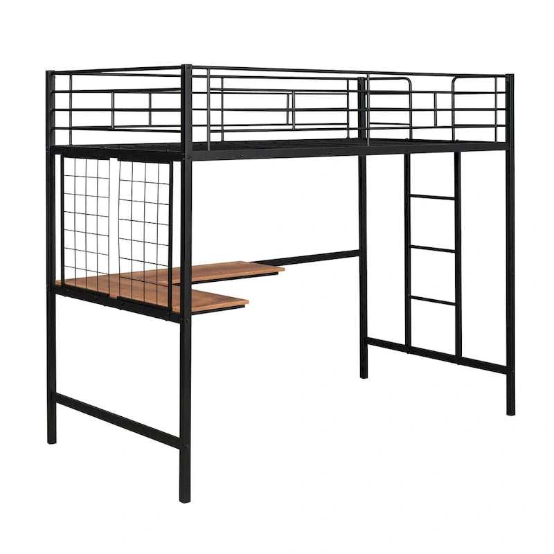 Lit mezzanine simple en métal noir avec bureau, échelle et grille métallique pour enfants
