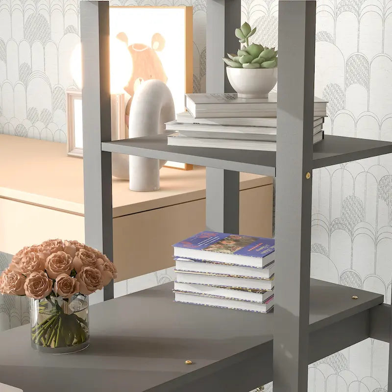 Lit mezzanine en bois gris, format deux places, avec bureau intégré et garde-corps