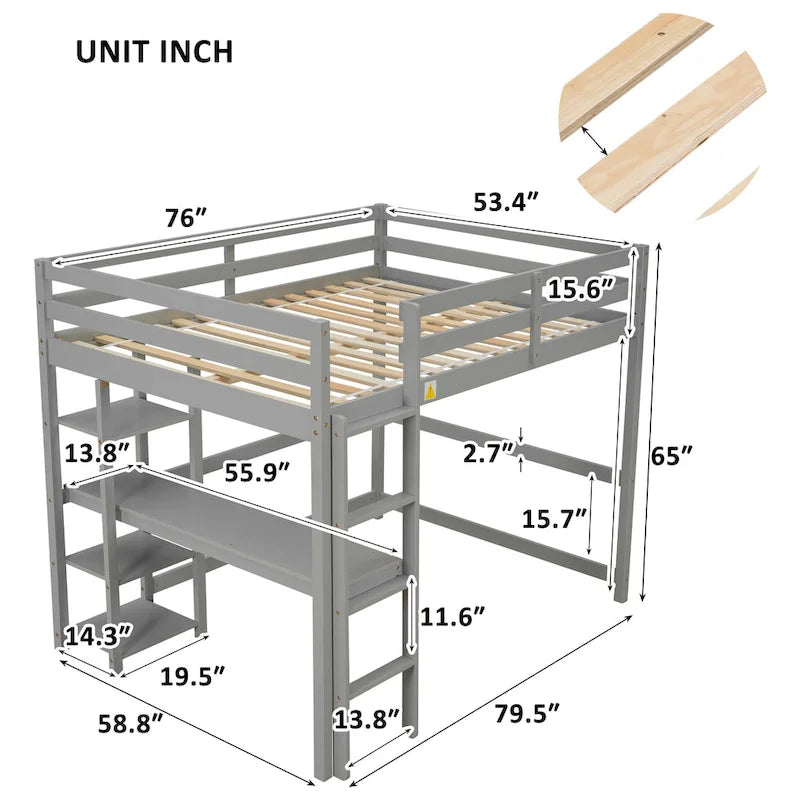 Lit mezzanine en bois gris, format deux places, avec bureau intégré et garde-corps