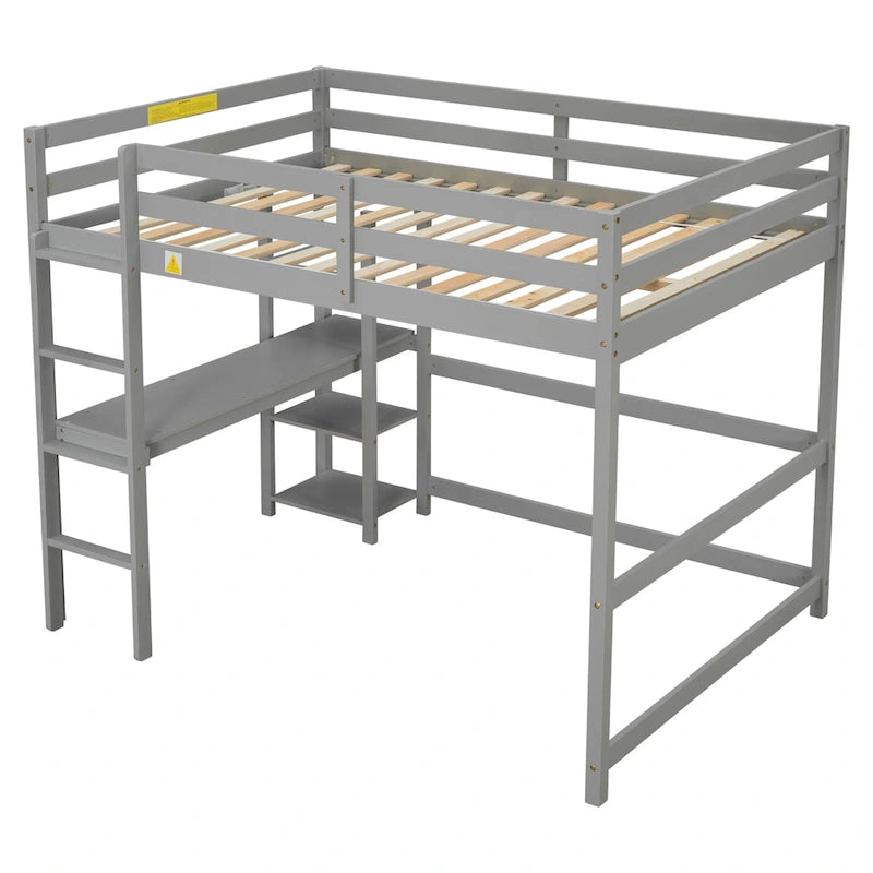 Lit mezzanine en bois gris, format deux places, avec bureau intégré et garde-corps