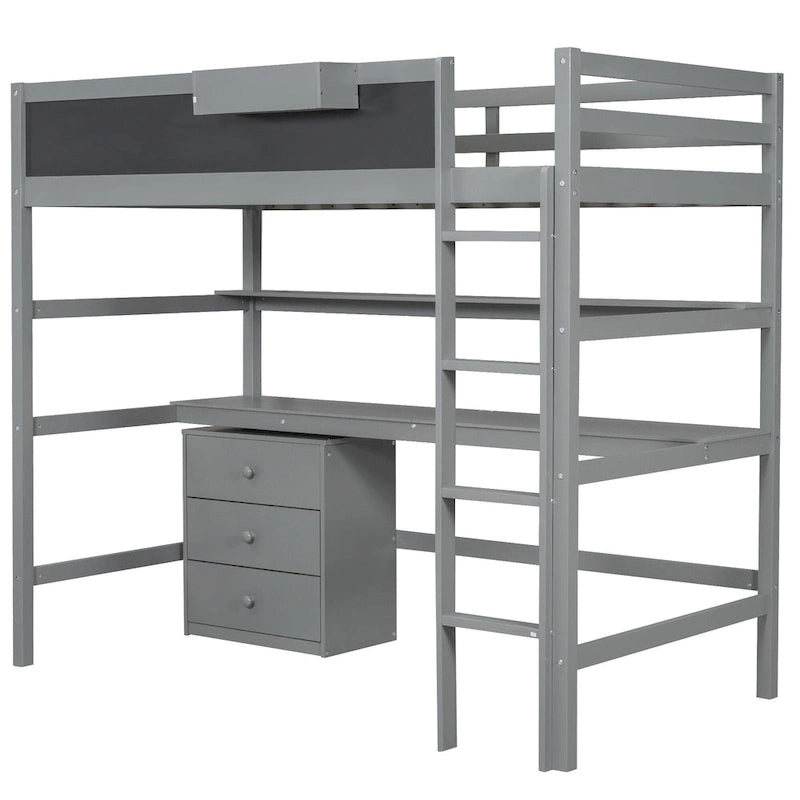 Lit mezzanine gris en bois massif pour lit une place avec bureau, tableau noir et rangement