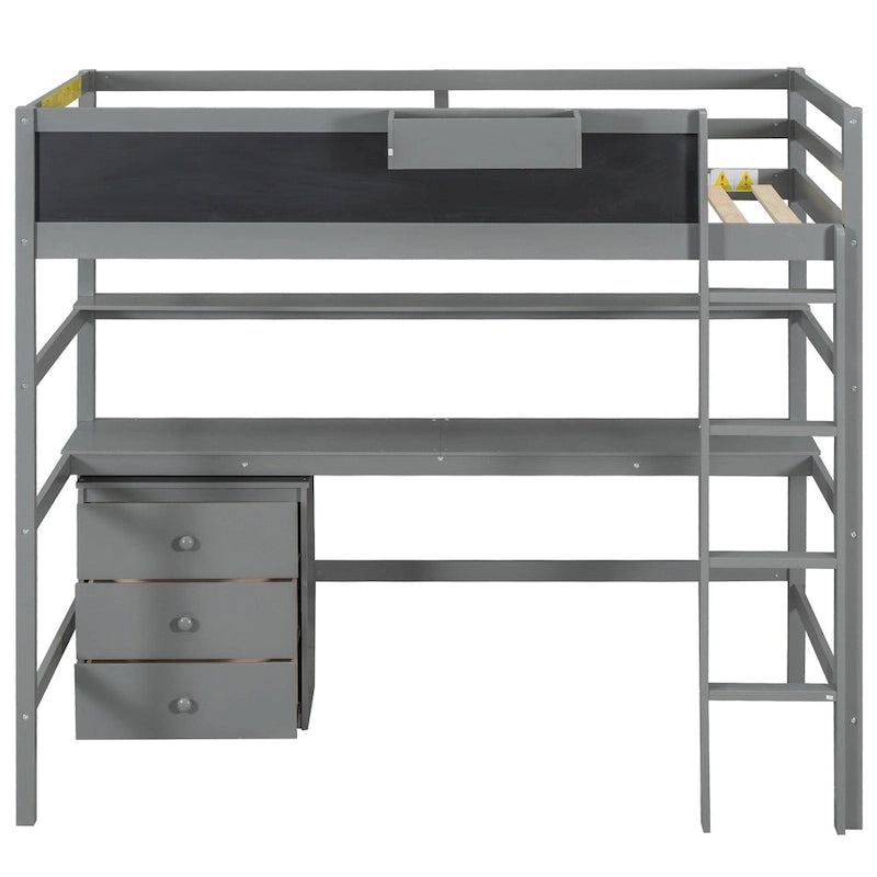 Lit mezzanine gris en bois massif pour lit une place avec bureau, tableau noir et rangement
