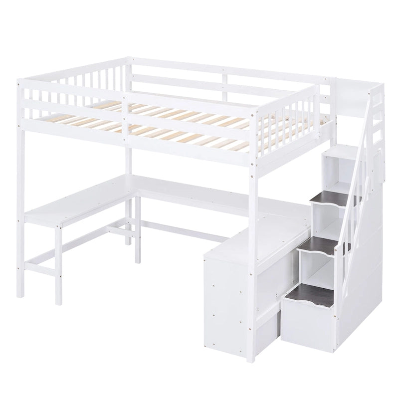 Lit mezzanine deux places en bois de pin blanc avec bureau en L intégré, étagères de rangement à trois niveaux et escalier de rangement attenant
