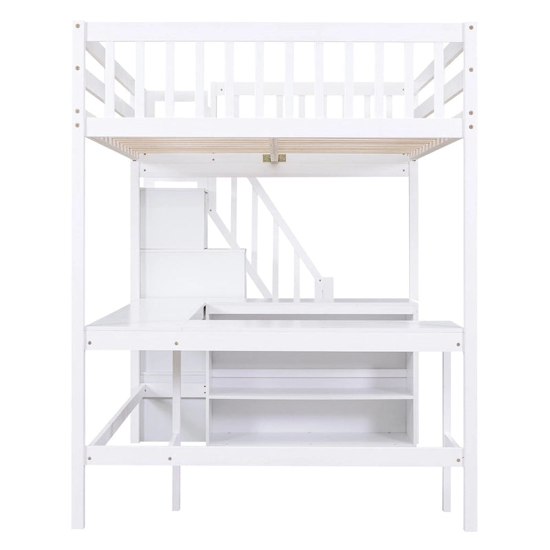 Lit mezzanine deux places en bois de pin blanc avec bureau en L intégré, étagères de rangement à trois niveaux et escalier de rangement attenant