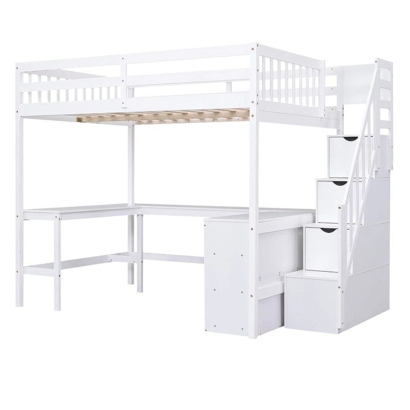 Lit mezzanine deux places en bois de pin blanc avec bureau en L intégré, étagères de rangement à trois niveaux et escalier de rangement attenant