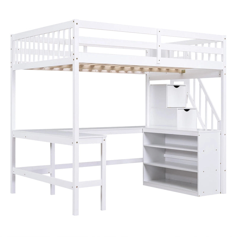 Lit mezzanine deux places en bois de pin blanc avec bureau en L intégré, étagères de rangement à trois niveaux et escalier de rangement attenant