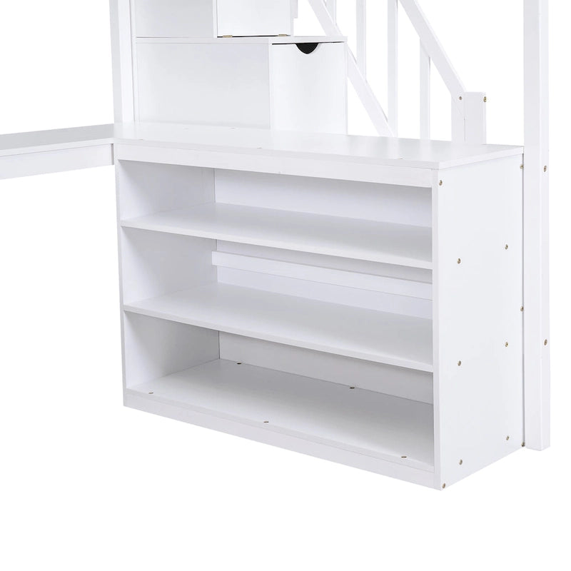 Lit mezzanine deux places en bois de pin blanc avec bureau en L intégré, étagères de rangement à trois niveaux et escalier de rangement attenant