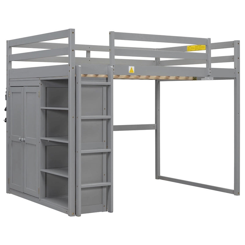Lit mezzanine en bois gris, taille double, avec garde-robe intégrée, étagères et éclairage LED