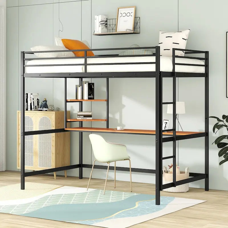 Lit mezzanine pleine grandeur en métal noir avec bureau, échelle et étagère pour enfants, ados, filles et garçons