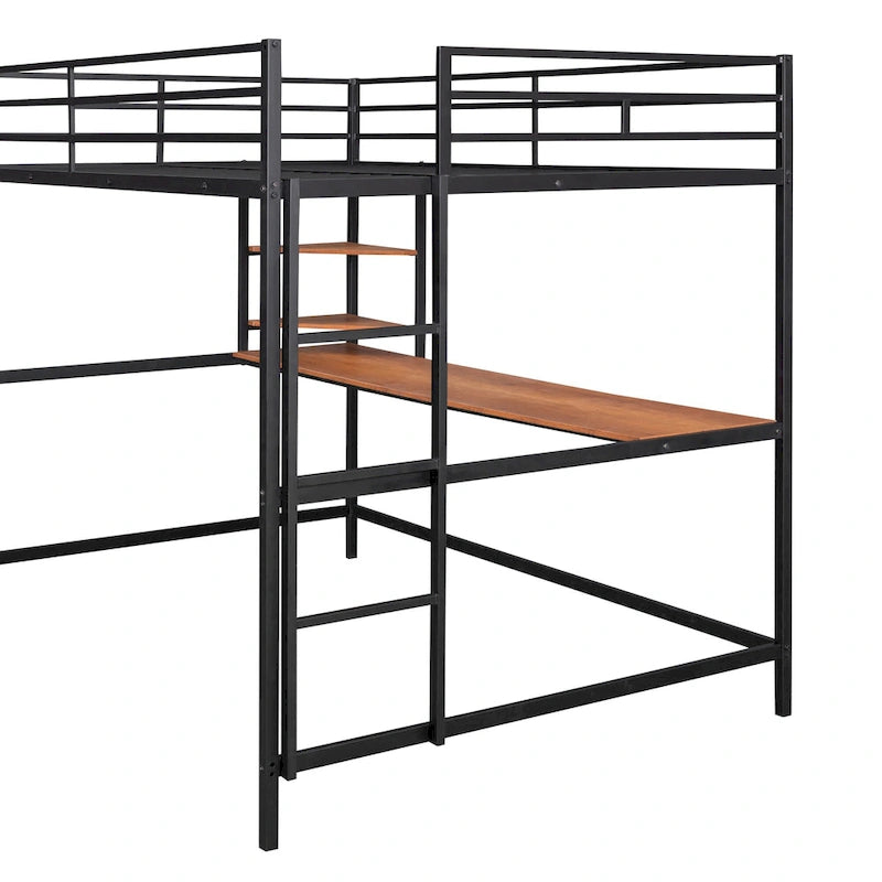 Lit mezzanine pleine grandeur en métal noir avec bureau, échelle et étagère pour enfants, ados, filles et garçons