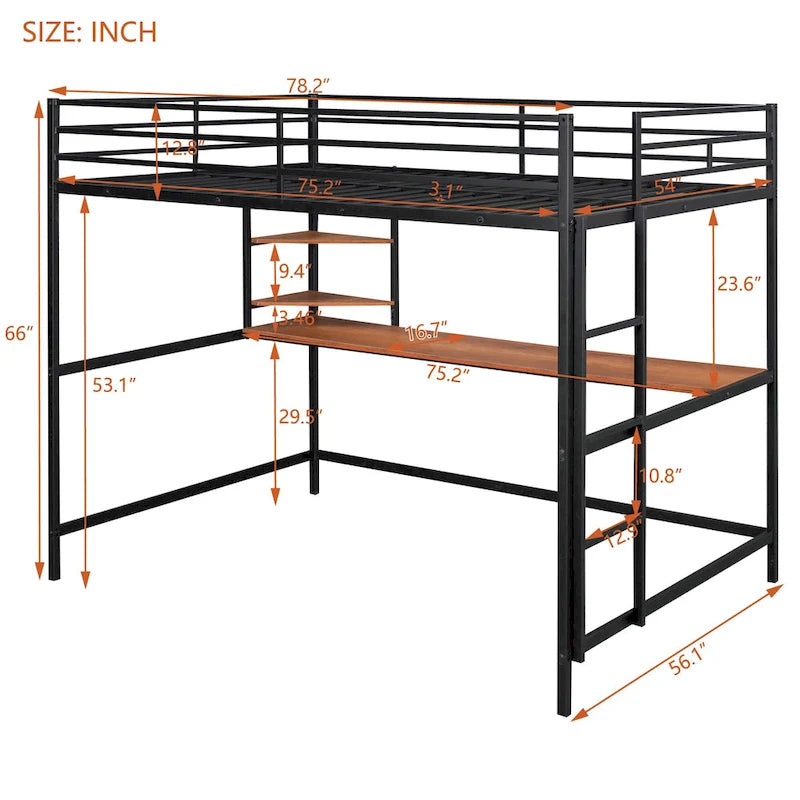 Lit mezzanine pleine grandeur en métal noir avec bureau, échelle et étagère pour enfants, ados, filles et garçons