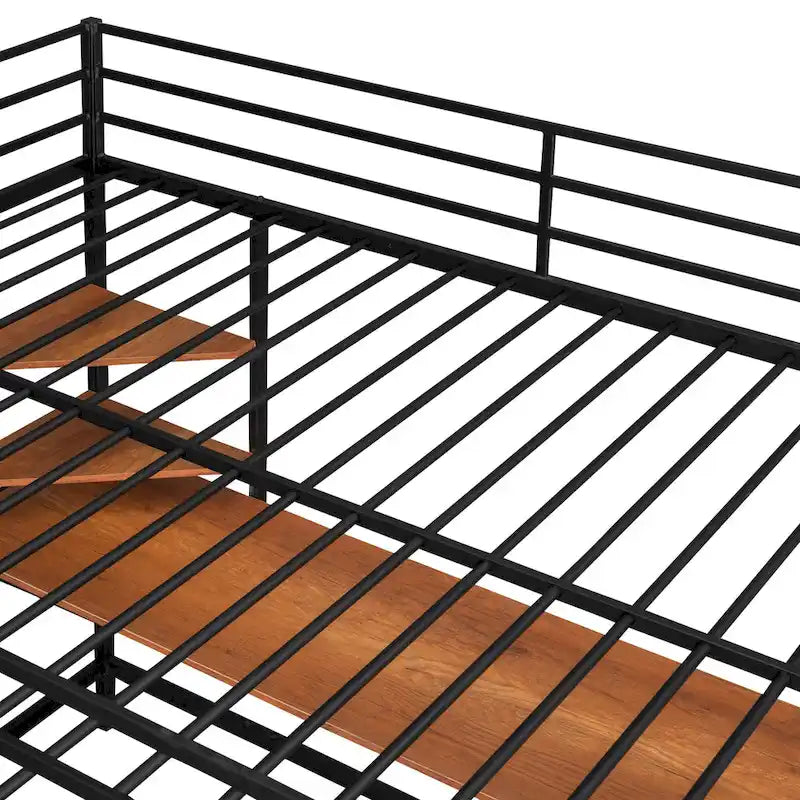 Lit mezzanine pleine grandeur en métal noir avec bureau, échelle et étagère pour enfants, ados, filles et garçons