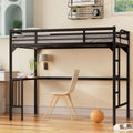 Lit mezzanine en métal noir pour une personne avec bureau, échelle et garde-corps, espace bureau sous le lit pour chambre à coucher