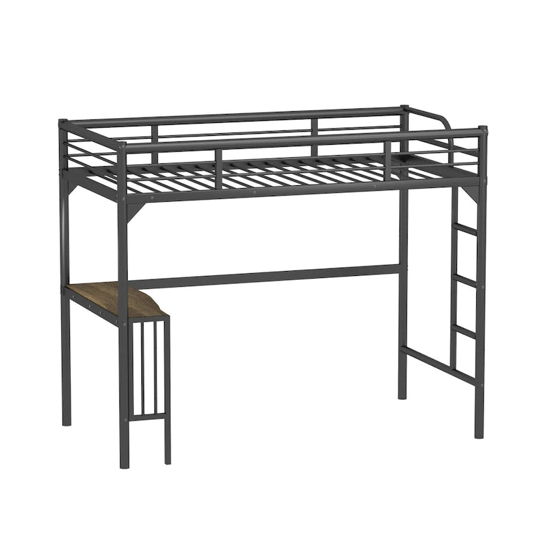 Lit mezzanine en métal noir pour une personne avec bureau, échelle et garde-corps, espace bureau sous le lit pour chambre à coucher