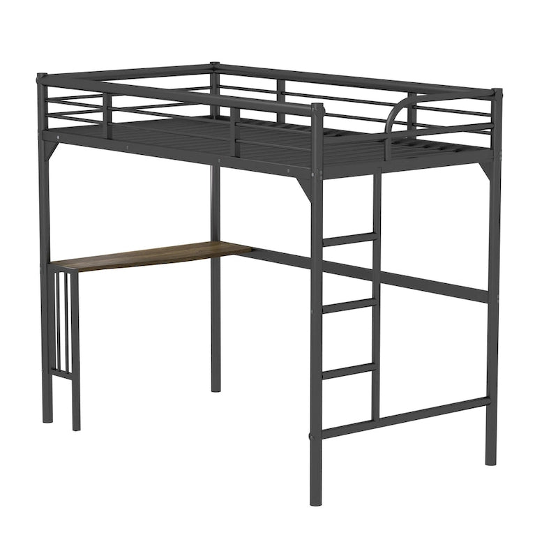 Lit mezzanine en métal noir pour une personne avec bureau, échelle et garde-corps, espace bureau sous le lit pour chambre à coucher