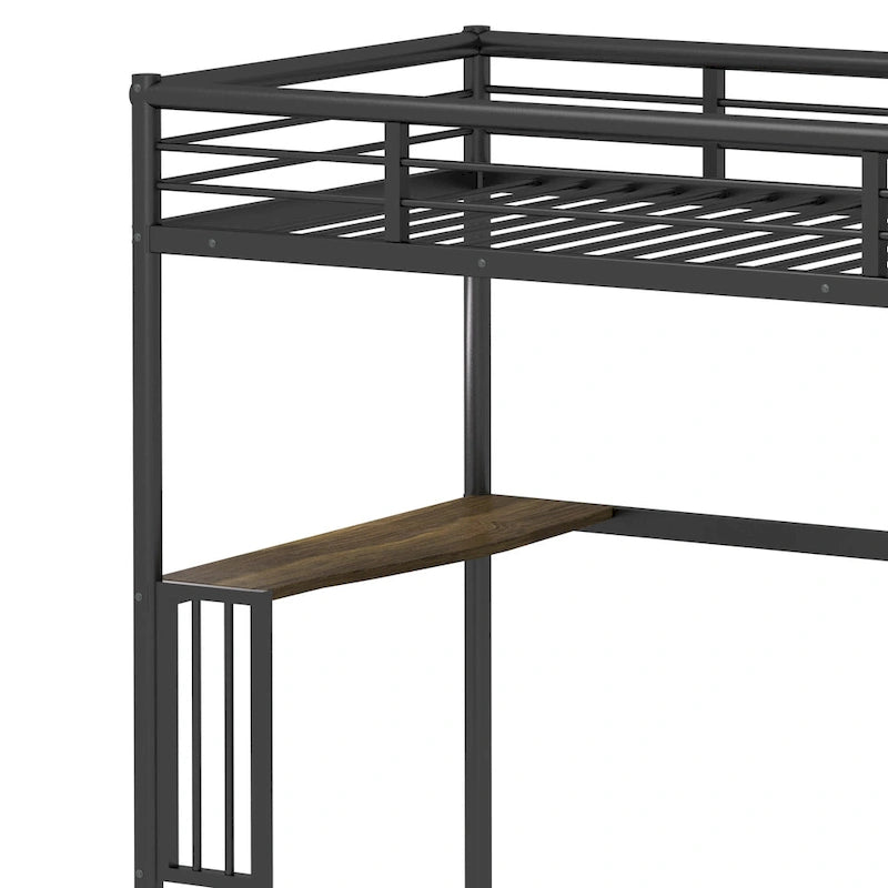 Lit mezzanine en métal noir pour une personne avec bureau, échelle et garde-corps, espace bureau sous le lit pour chambre à coucher