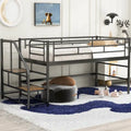 Lit mezzanine mi-hauteur pour enfant, une place, en MDF et métal noir, avec escalier de rangement et barrière, pour chambre de fille et garçon