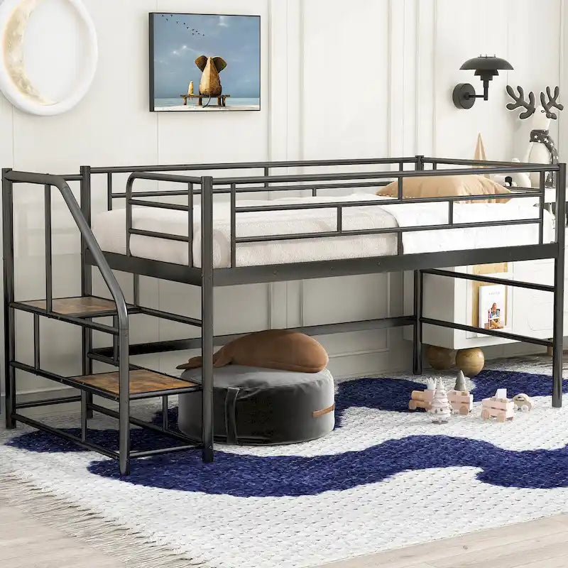 Lit mezzanine mi-hauteur pour enfant, une place, en MDF et métal noir, avec escalier de rangement et barrière, pour chambre de fille et garçon