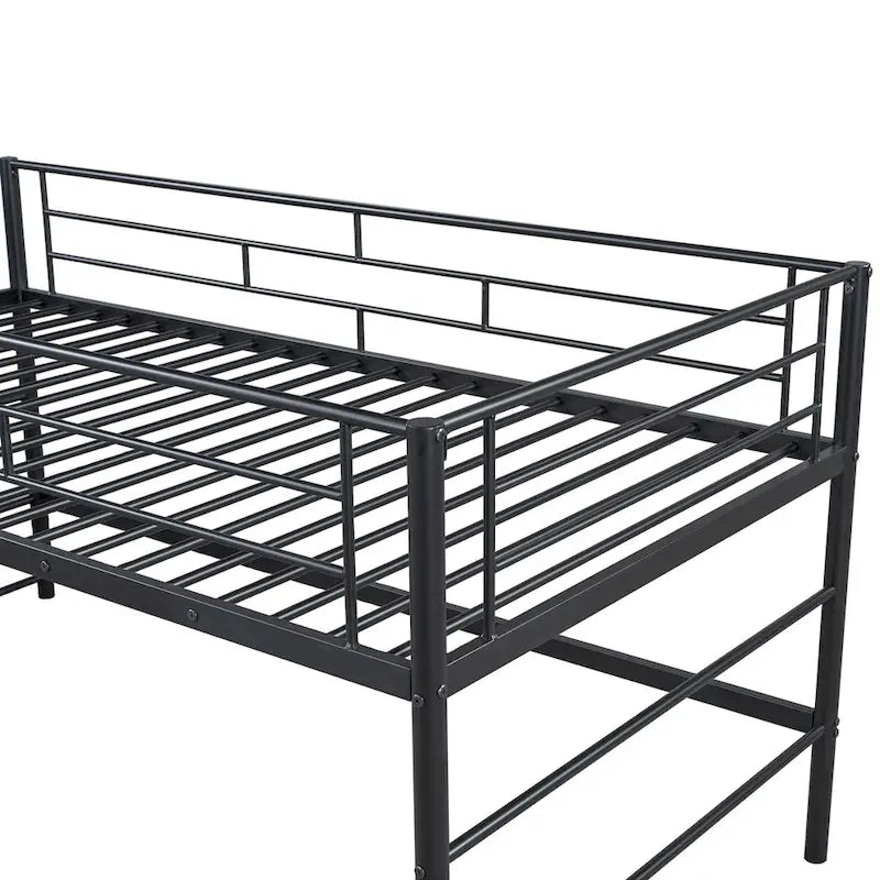 Lit mezzanine mi-hauteur pour enfant, une place, en MDF et métal noir, avec escalier de rangement et barrière, pour chambre de fille et garçon
