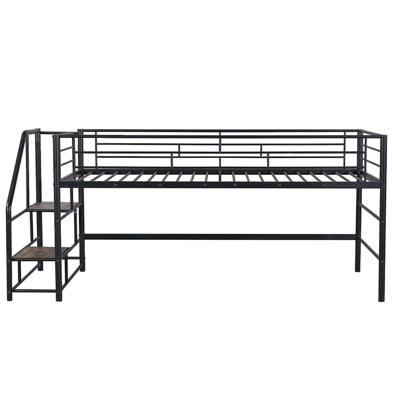 Lit mezzanine mi-hauteur pour enfant, une place, en MDF et métal noir, avec escalier de rangement et barrière, pour chambre de fille et garçon