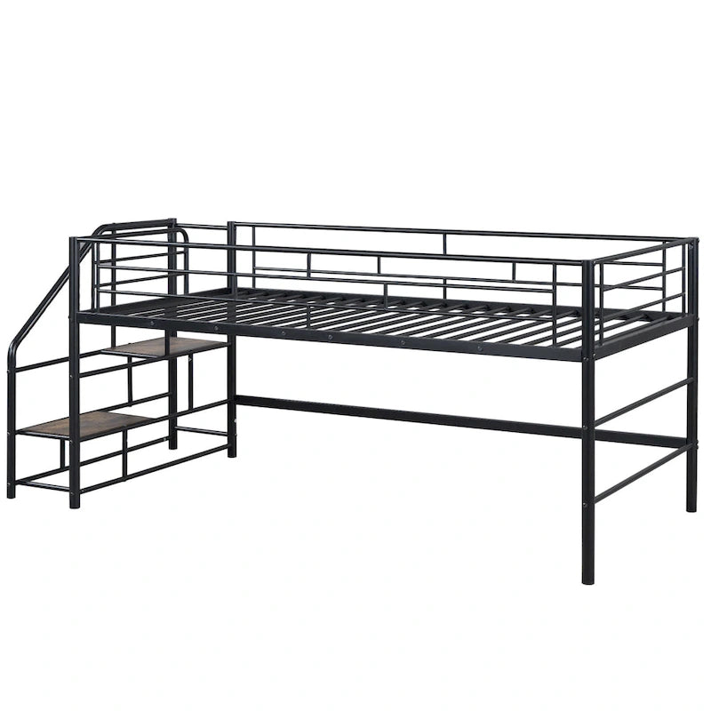Lit mezzanine mi-hauteur pour enfant, une place, en MDF et métal noir, avec escalier de rangement et barrière, pour chambre de fille et garçon