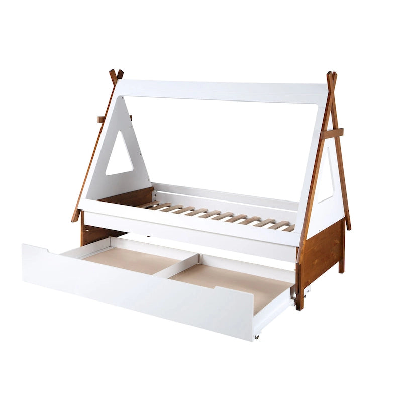 Lit tente pour enfant taille simple en bois synthétique avec lit gigogne, design minimaliste et rangement, gain de place, pour chambre d'enfant