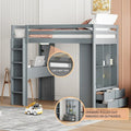 Lit mezzanine gris en bois massif pour lit simple avec étagères, bureau et éclairage LED