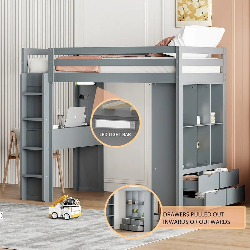 Lit mezzanine gris en bois massif pour lit simple avec étagères, bureau et éclairage LED