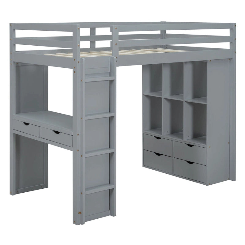Lit mezzanine gris en bois massif pour lit simple avec étagères, bureau et éclairage LED