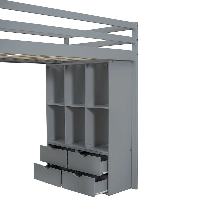 Lit mezzanine gris en bois massif pour lit simple avec étagères, bureau et éclairage LED