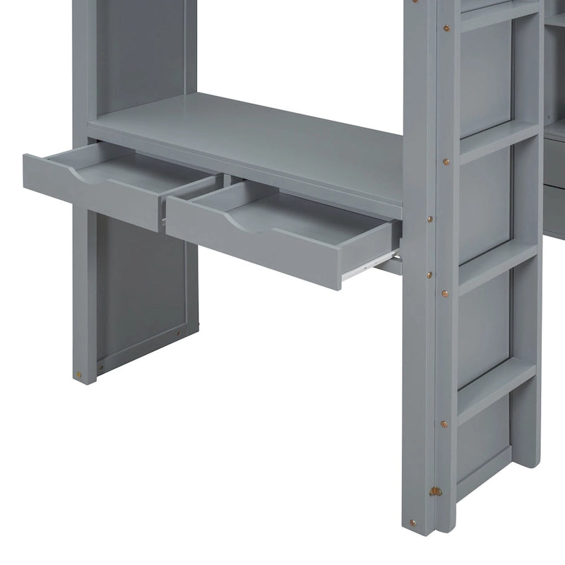 Lit mezzanine gris en bois massif pour lit simple avec étagères, bureau et éclairage LED