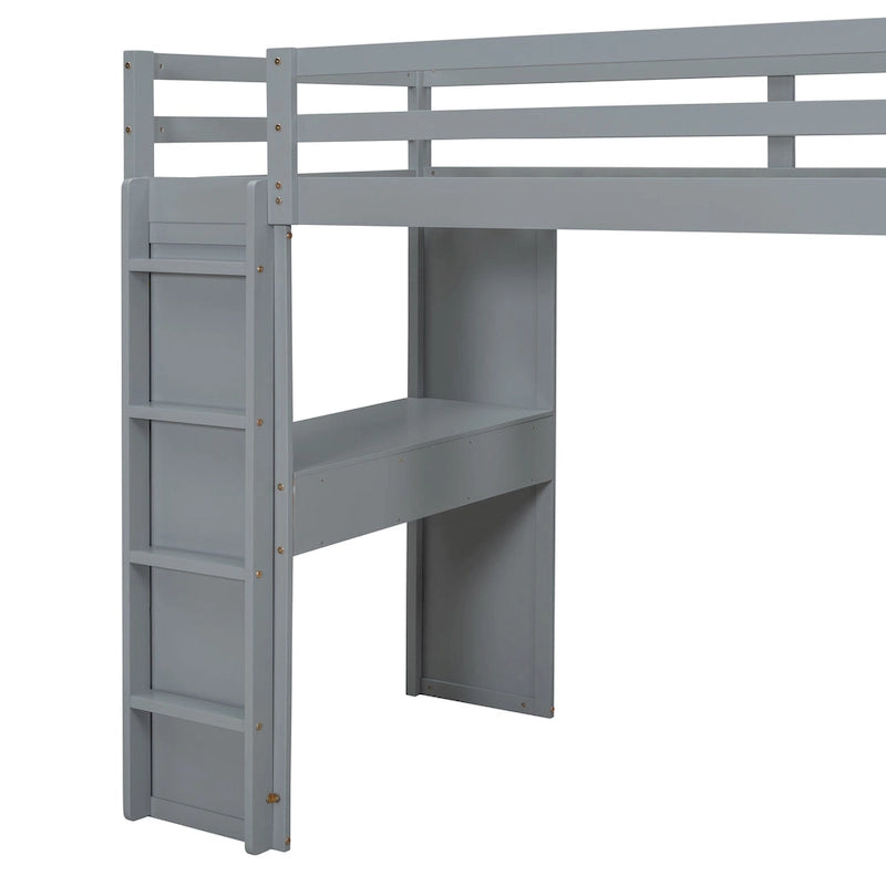 Lit mezzanine gris en bois massif pour lit simple avec étagères, bureau et éclairage LED