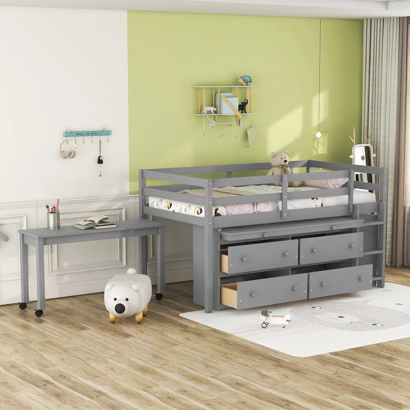 Lit mezzanine une place en bois massif gris avec bureau escamotable et tiroirs