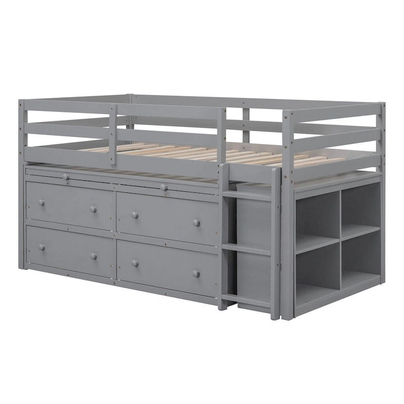 Lit mezzanine une place en bois massif gris avec bureau escamotable et tiroirs