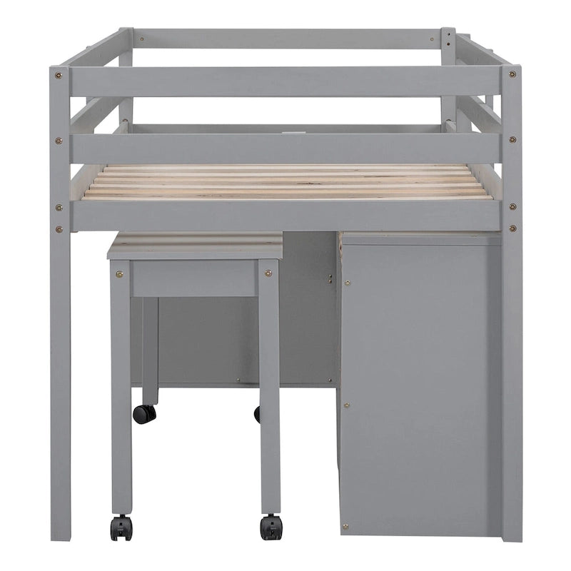 Lit mezzanine une place en bois massif gris avec bureau escamotable et tiroirs