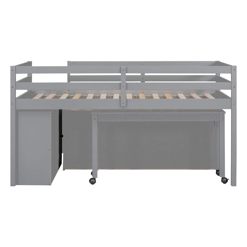 Lit mezzanine une place en bois massif gris avec bureau escamotable et tiroirs