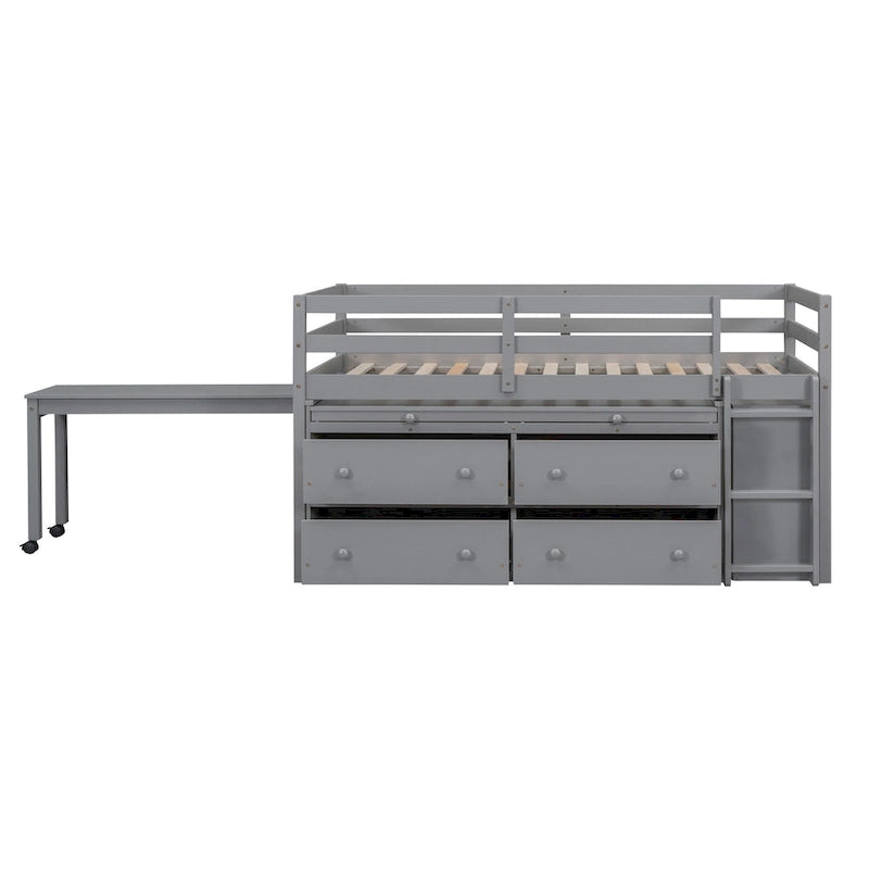 Lit mezzanine une place en bois massif gris avec bureau escamotable et tiroirs