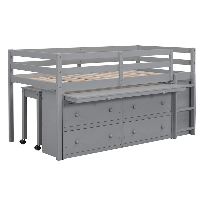 Lit mezzanine une place en bois massif gris avec bureau escamotable et tiroirs