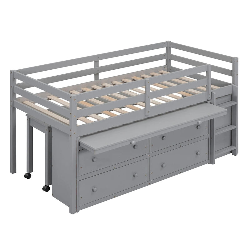 Lit mezzanine une place en bois massif gris avec bureau escamotable et tiroirs