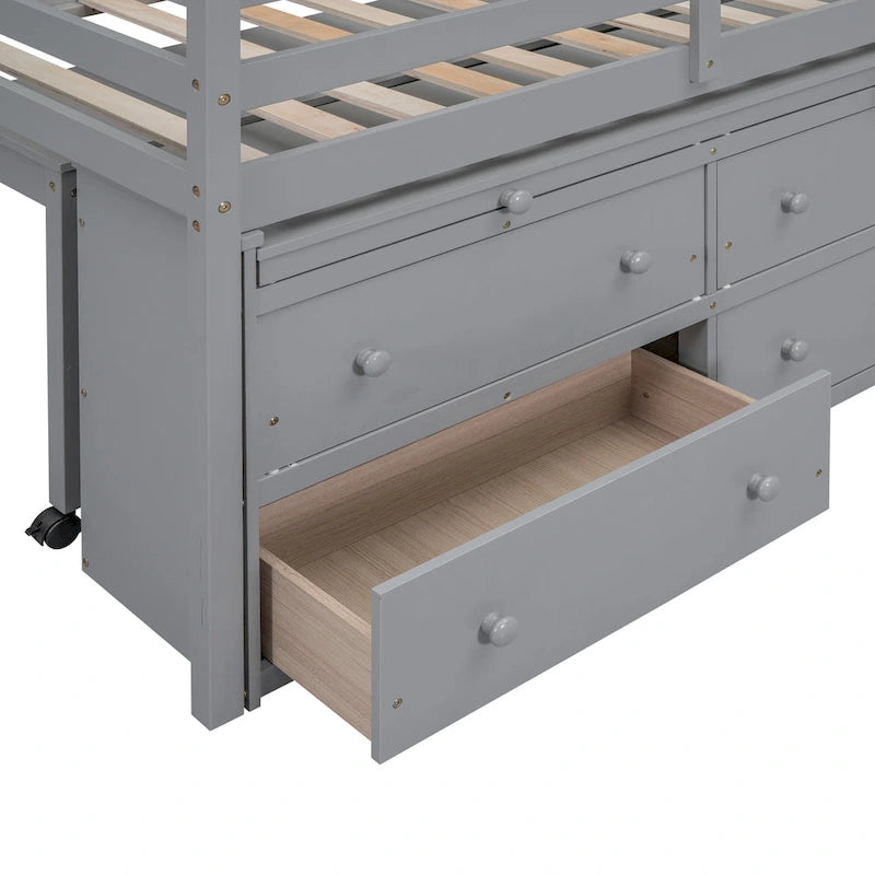 Lit mezzanine une place en bois massif gris avec bureau escamotable et tiroirs