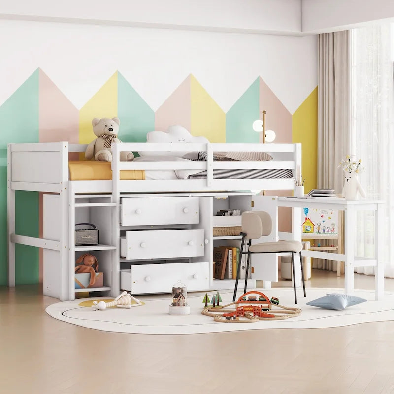Lit mezzanine bas en bois pour une personne, blanc, avec bureau coulissant et étagères