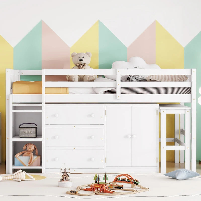 Lit mezzanine bas en bois pour une personne, blanc, avec bureau coulissant et étagères